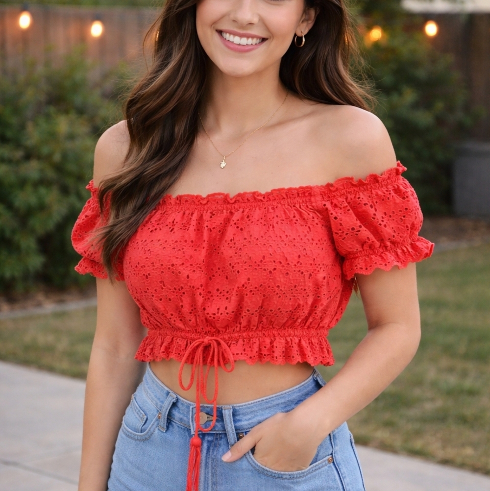 Guess Coral Eyelet Off-Shoulder Blouse